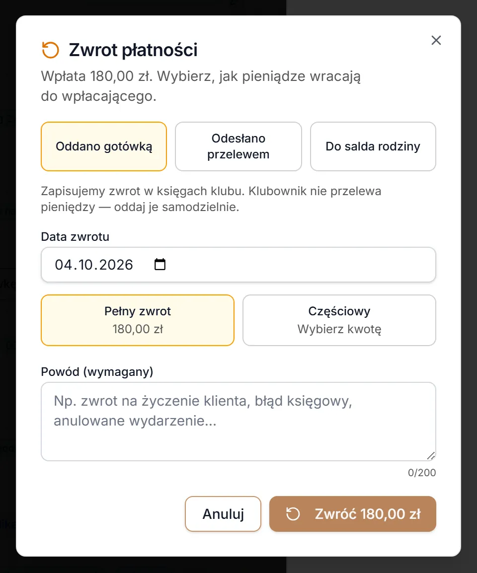 Zapis zwrotu wpłaty gotówkowej lub przelewu
