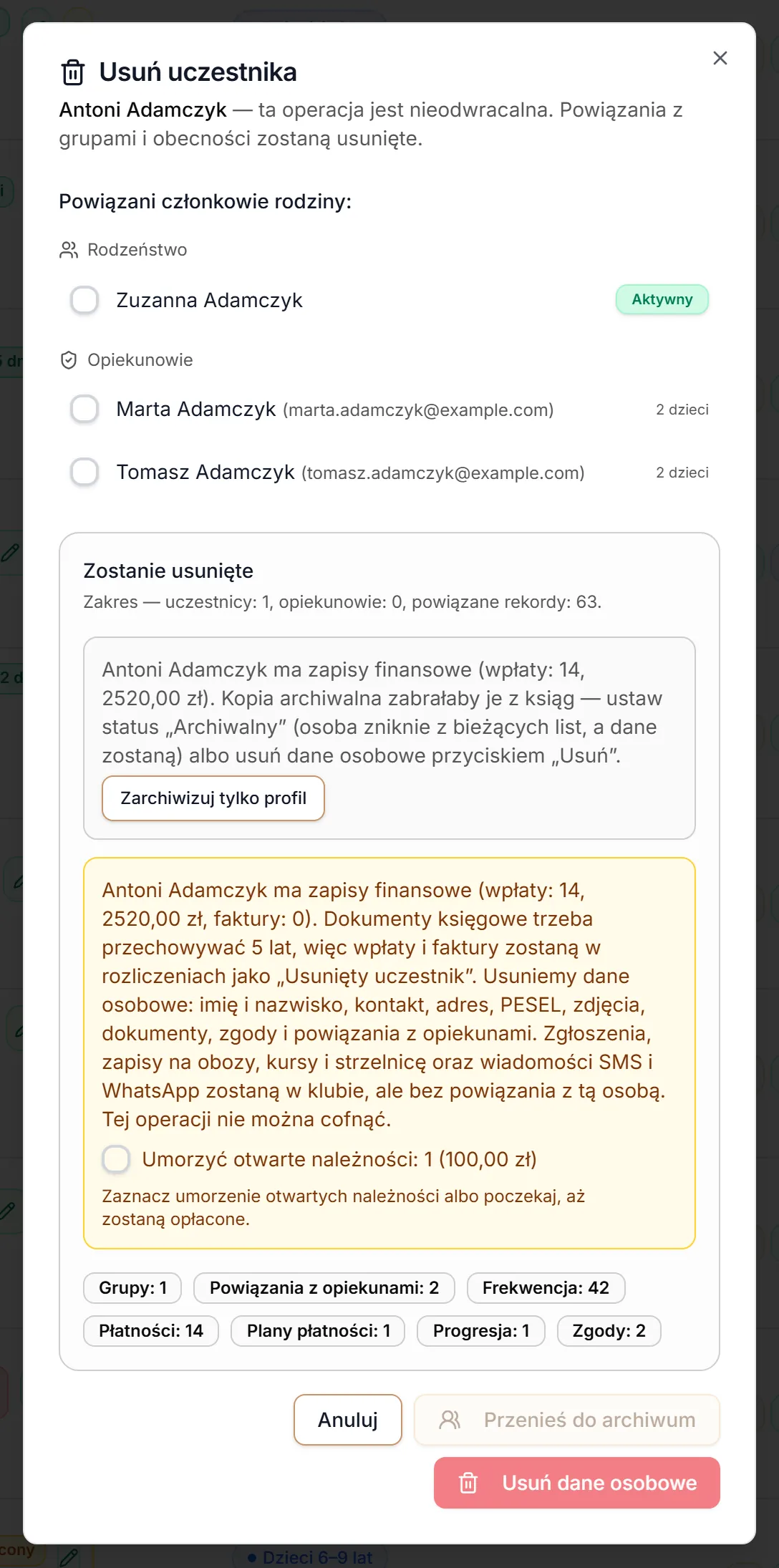 Usuwanie jednej osoby bez rodziny