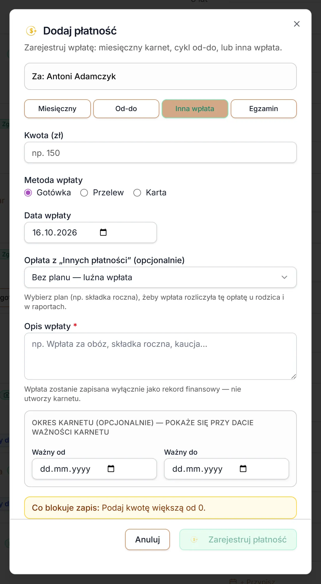 Dodaj płatność — zakładka Inna wpłata