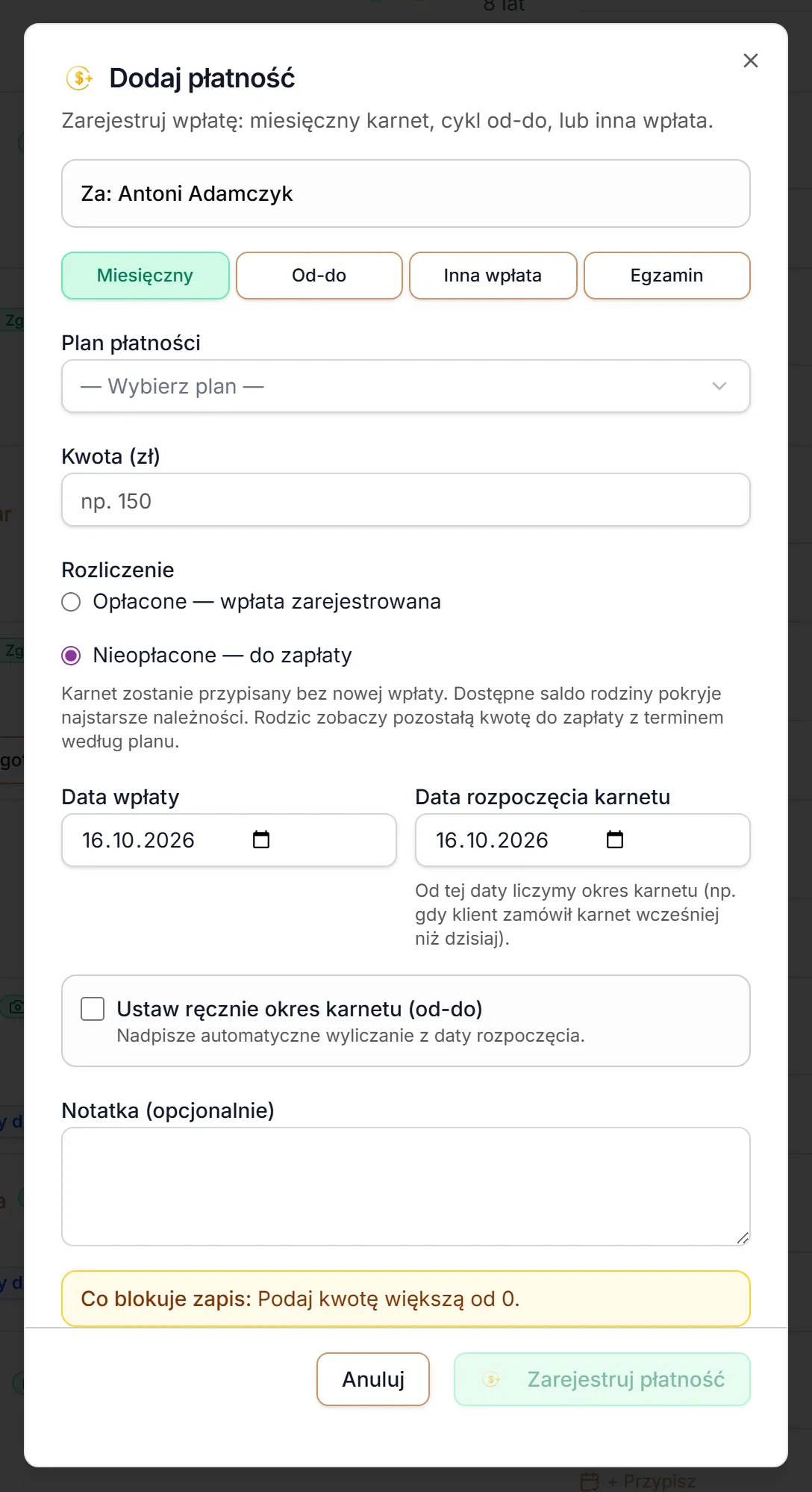 Dodaj płatność — karnet bez wpłaty