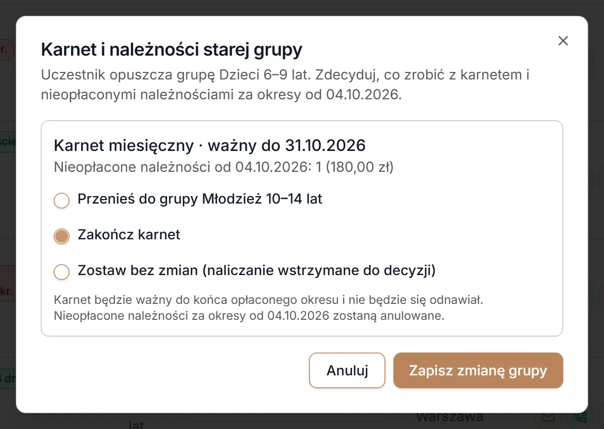 Zmiana grupy — zakończenie karnetu
