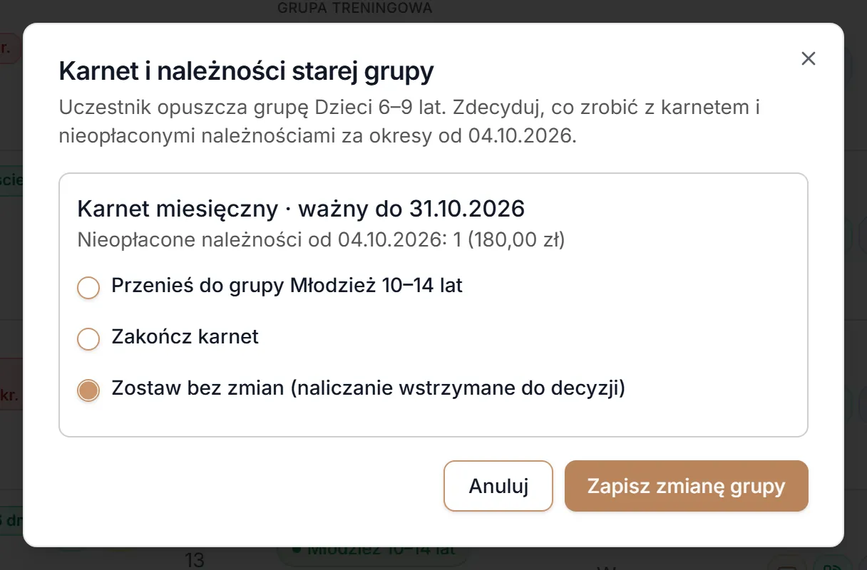 Zmiana grupy — decyzja odłożona