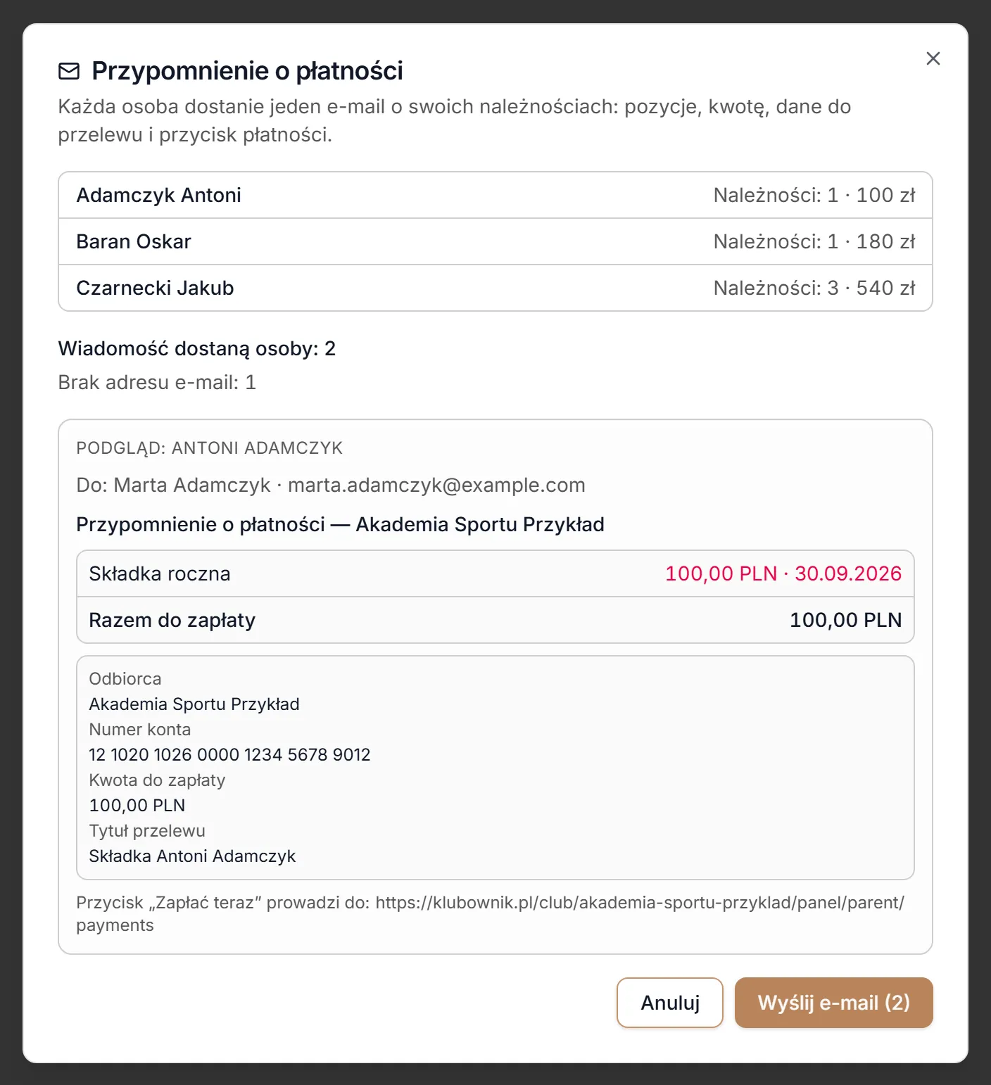 Okno wysyłki przypomnienia