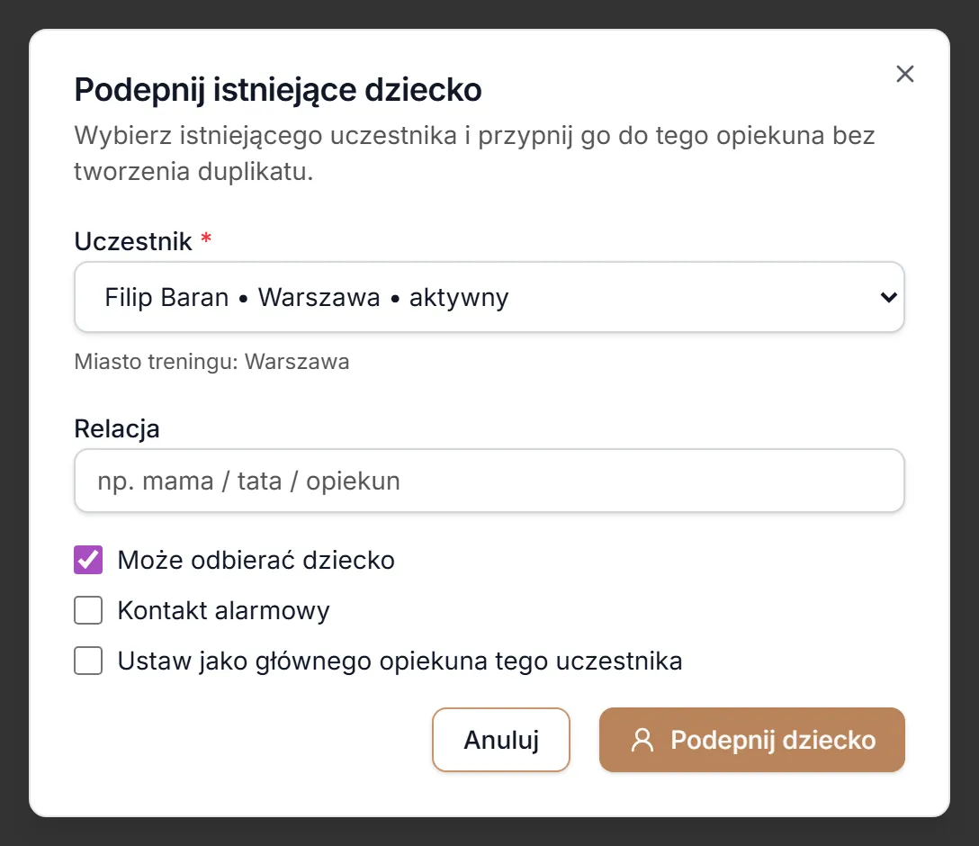 Okno Podepnij istniejące dziecko