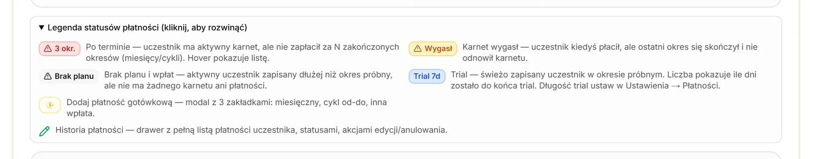 Rozwinięta legenda statusów płatności