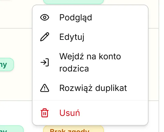 Menu wiersza osoby oznaczonej jako potencjalny duplikat