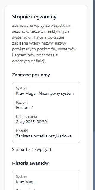Zachowane poziomy i historia na telefonie. System nieaktywny nadal ma zapisane wpisy. Dane przykładowe.