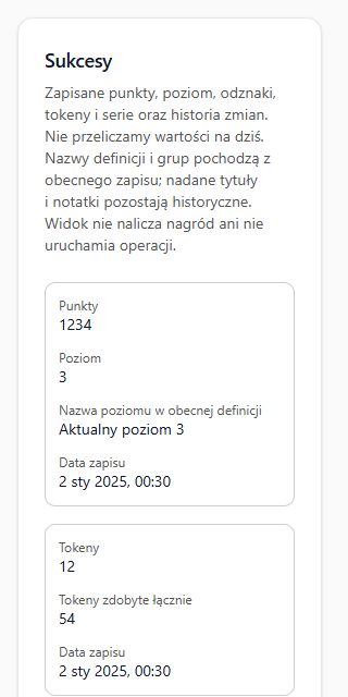 Sukcesy tylko do odczytu: zapisane punkty, poziom i tokeny wraz z datami zapisu. Niżej znajdują się odznaki, historia zmian i zapisane serie. Dane przykładowe.