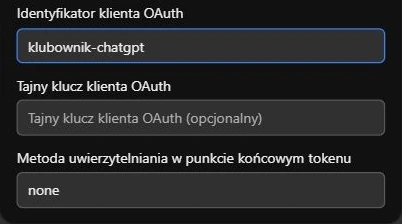 ChatGPT: identyfikator klubownik-chatgpt, pusty tajny klucz i metoda none — przed utworzeniem połączenia