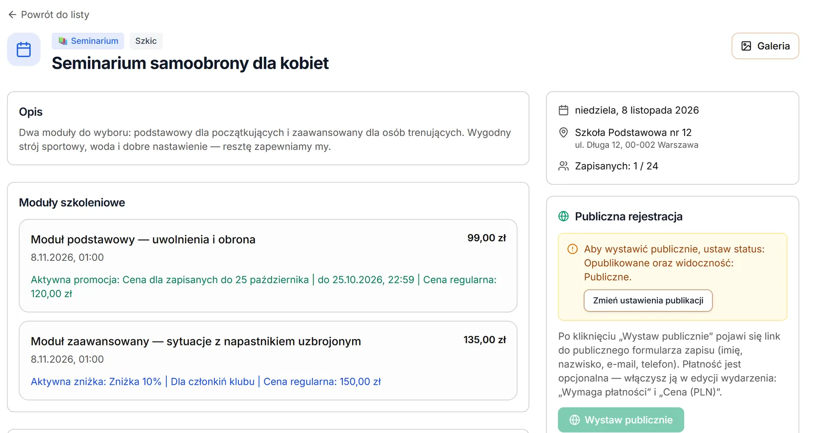Seminarium — moduły z promocją i zniżką
