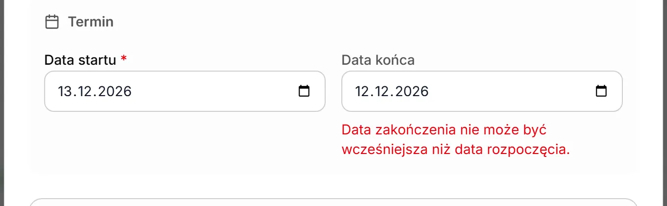Data końca przed datą startu