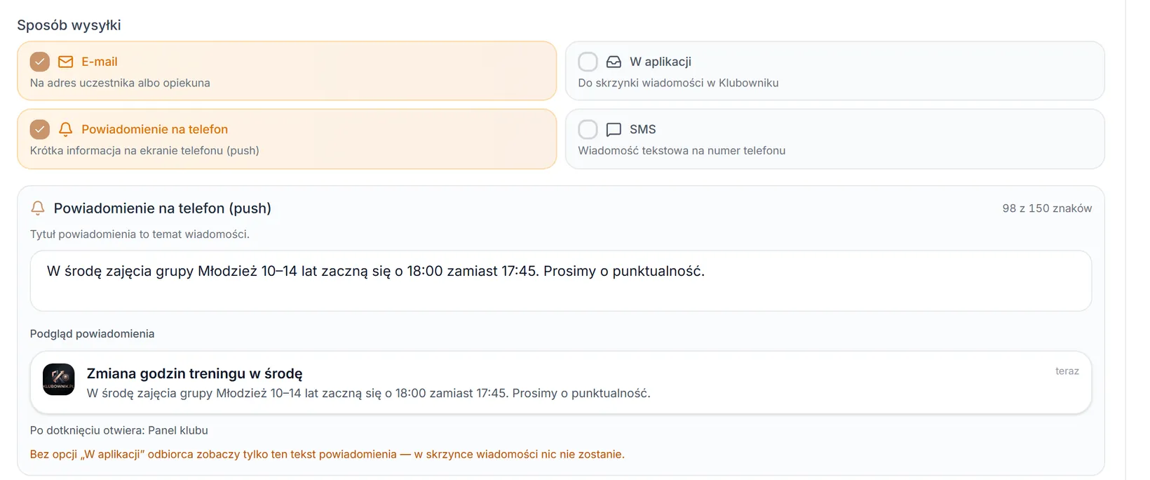 Wiadomość w aplikacji odznaczona