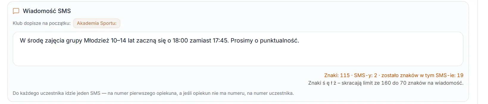 Okienko SMS z podpisem klubu i licznikiem