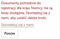 Brak dokumentów do rejestracji dla wskazanego kraju i droga do kontaktu