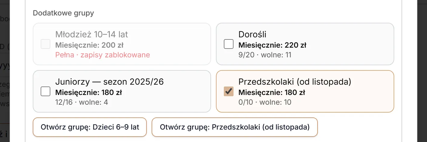 Dodatkowa grupa i przycisk Otwórz grupę