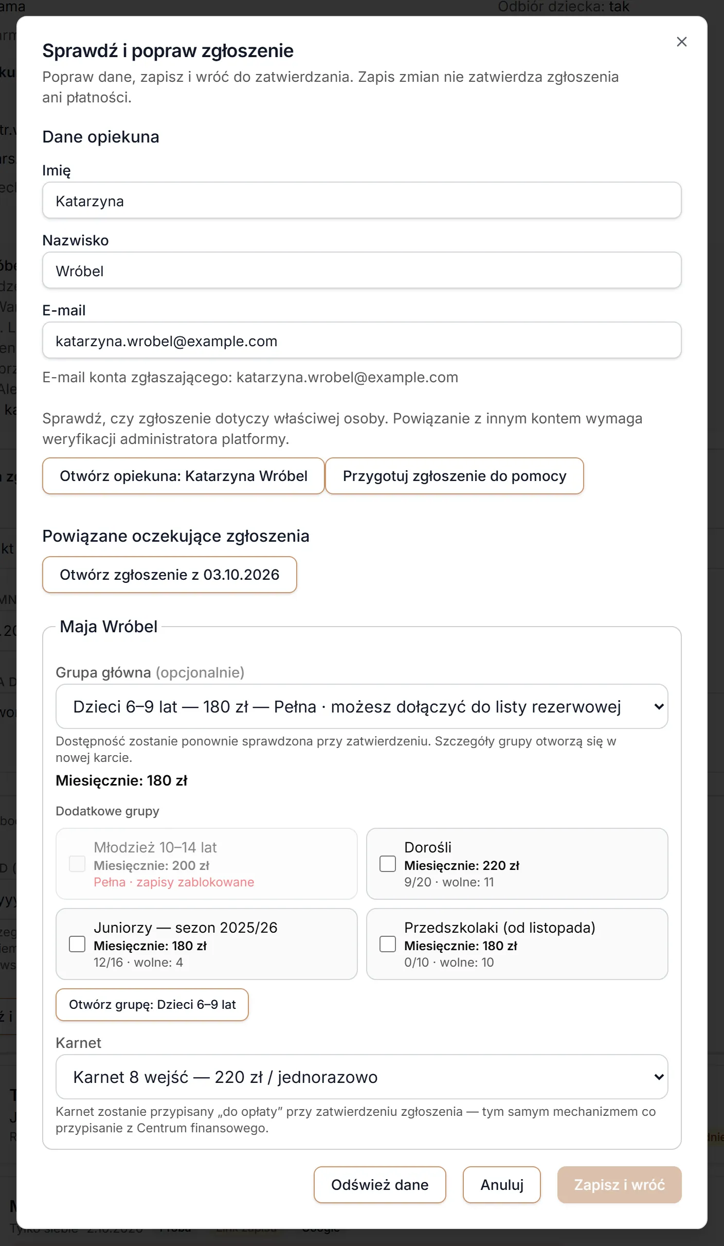 Okno poprawy zgłoszenia — opiekun, powiązania, grupa główna, dodatkowe grupy i karnet