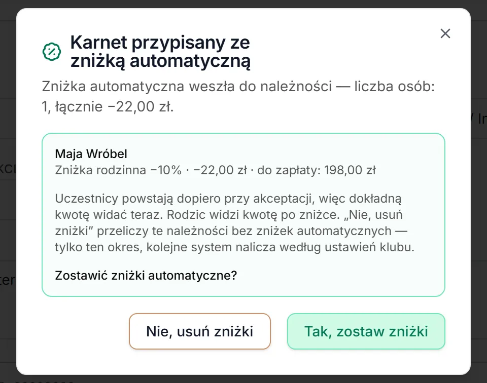Okno zniżek automatycznych po zatwierdzeniu